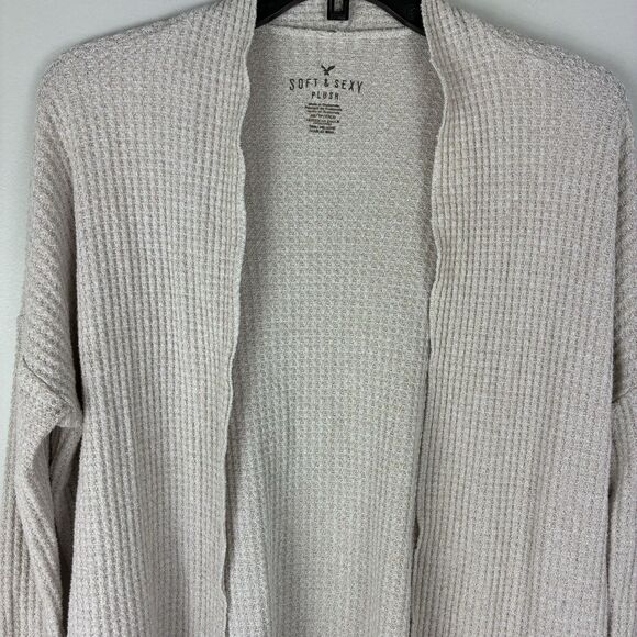 American Eagle Soft Sexy Plush Oatmeal XS Waffle Knit Lounge Cozy Open Cardigan - Picture 2 of 7